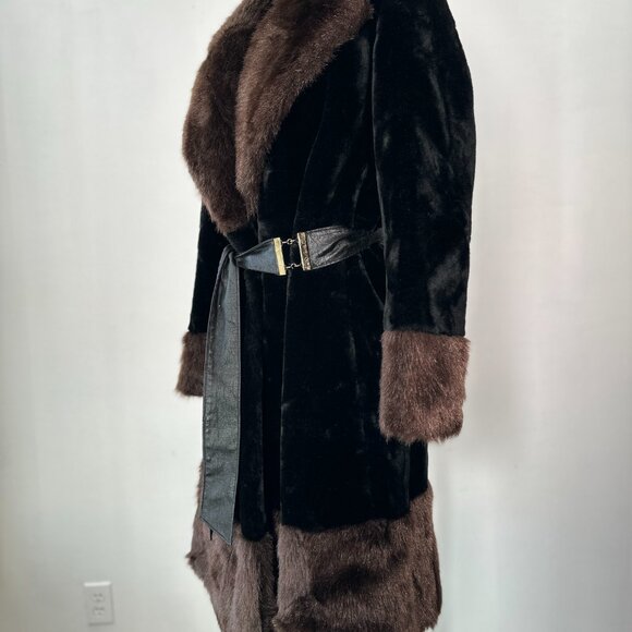 Vintage Faux Fur Trench Coat Boho Mob Wife 2 Tone Black Brown w/Belt  S/M - Picture 2 of 6